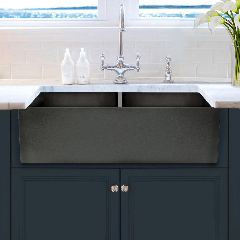Nantucket Sinks Double Bowl Farmhouse Fireclay Sink, Concrete
