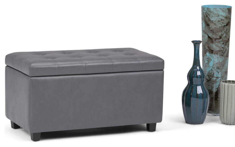 34 Inch Wide Rectangle Storage Ottoman In Stone Grey Faux Leather