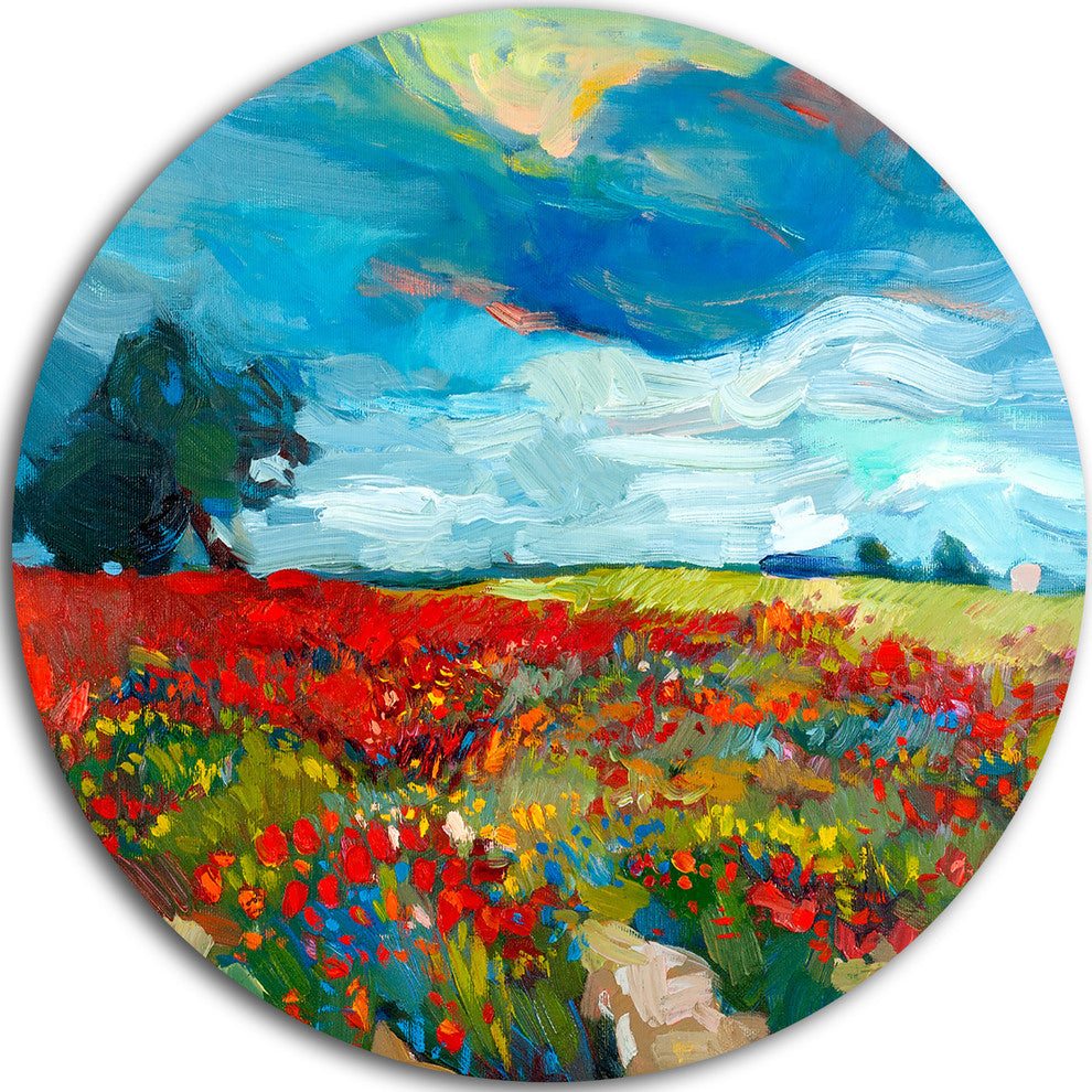 Colorful Flower Fields, Landscape Painting Disc Metal Artwork, 36"