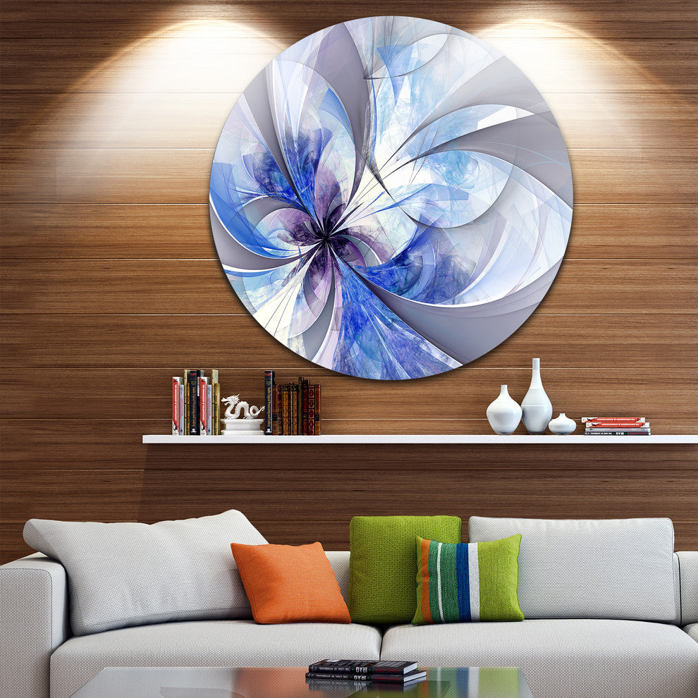Blue Symmetrical Fractal Flower, Modern Floral Round Wall Art, 36"