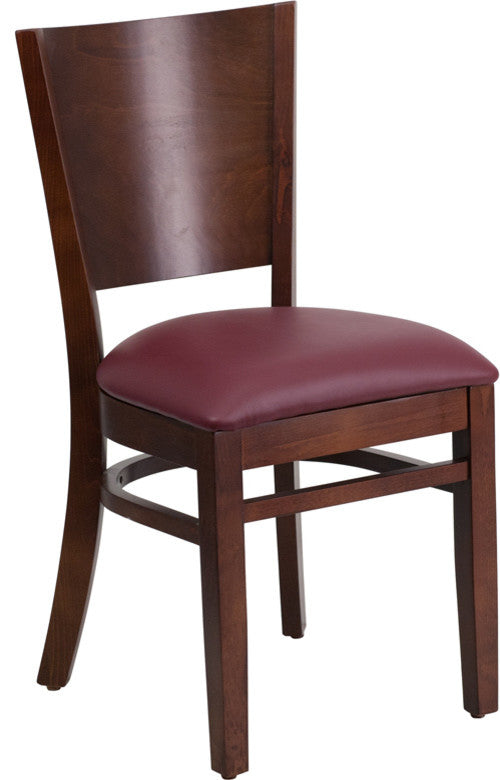 Modern Solid Back Walnut Wood Restaurant Chair, Burgundy Vinyl Seat