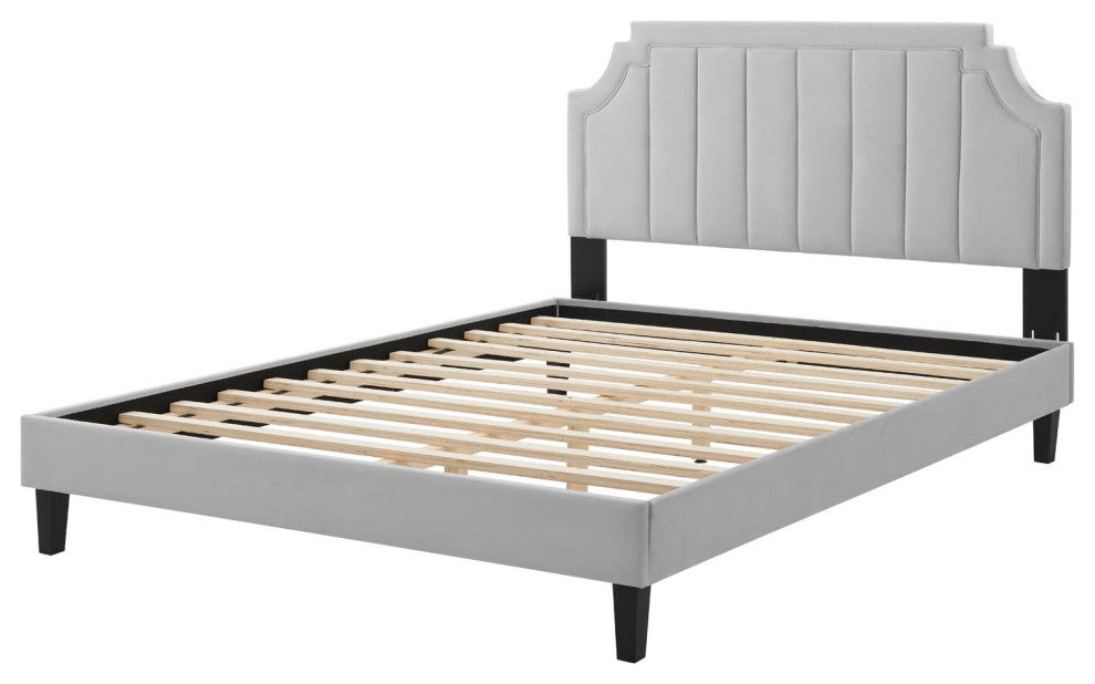 Platform Bed Frame, Full Size, Velvet, Light Grey Gray, Modern Contemporary