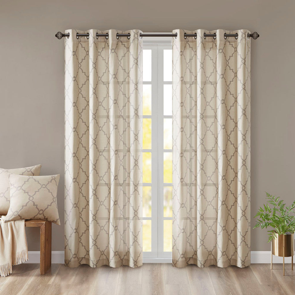 Madison Park Saratoga Fretwork Print Grommet Top Window Curtain Panel, Beige