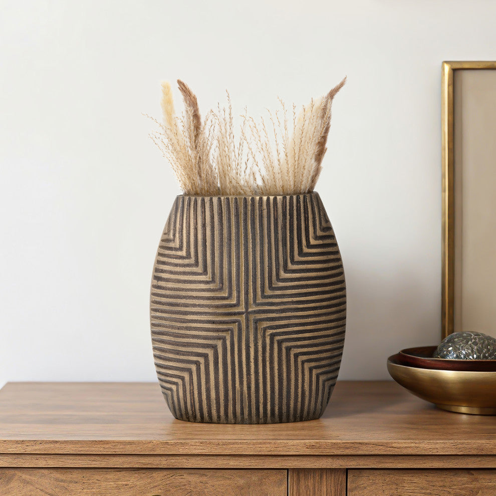 Metal, 12"H Ribbed Vase, Brass Antique