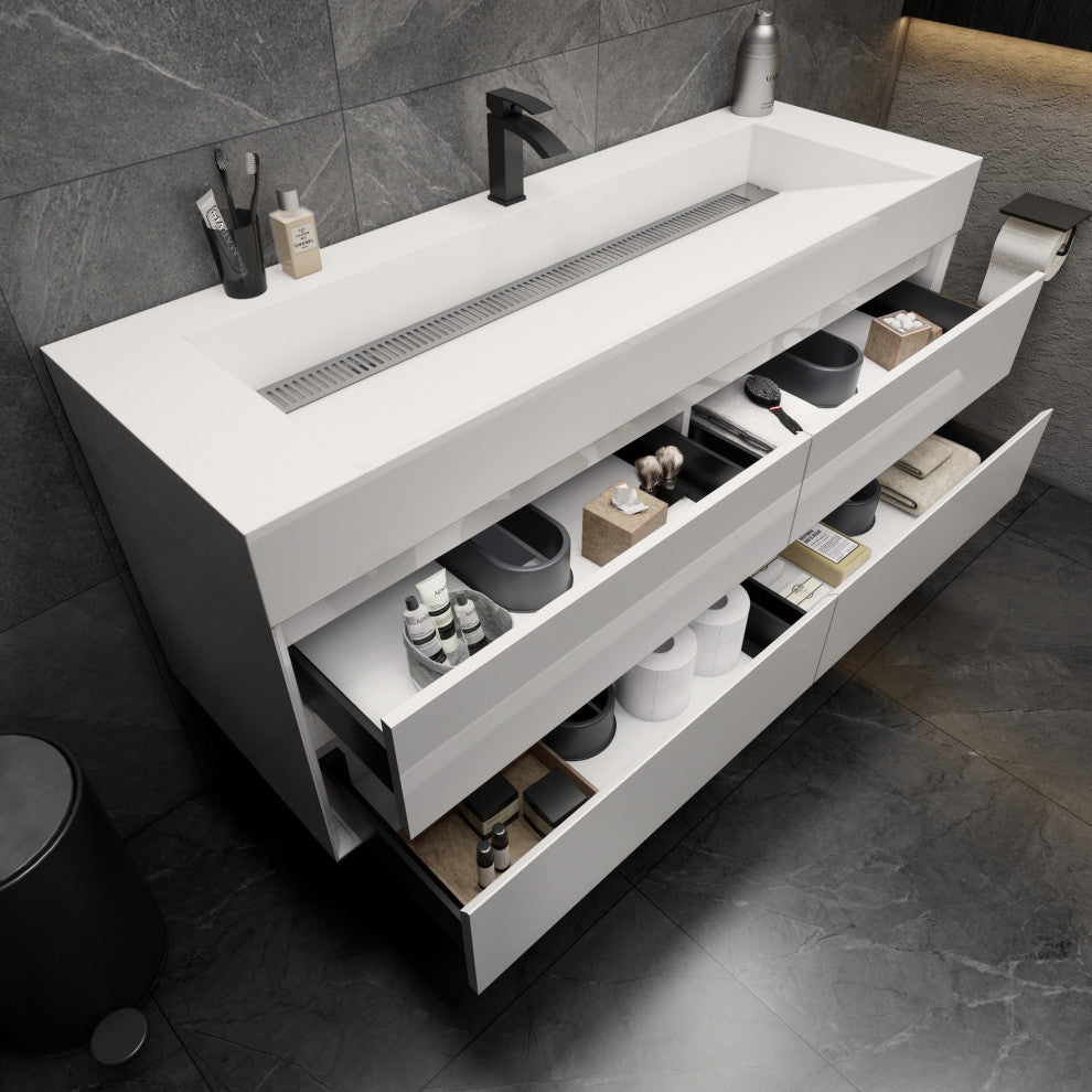 MAX 60" Single Floating Bath Vanity With Acrylic Sink, Gloss White