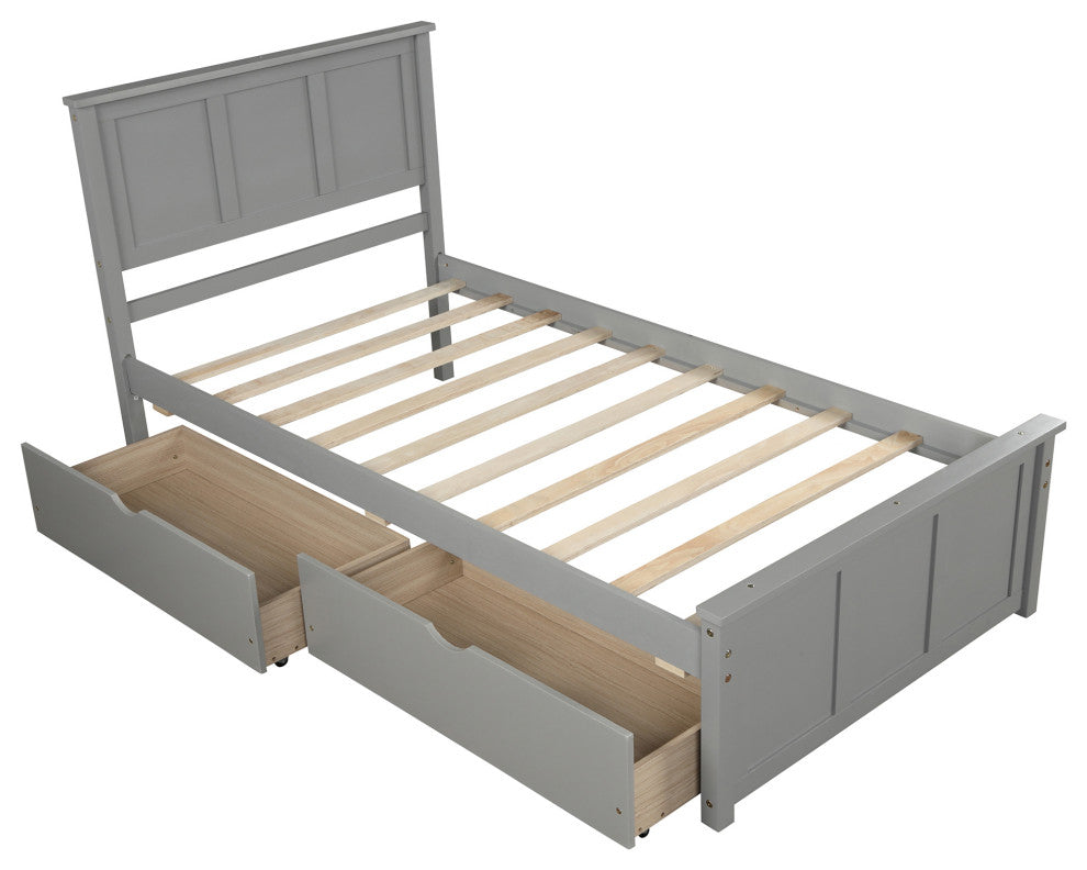 Gewnee Platform Storage Bed, 2 drawers with wheels, Twin Size Frame in Gray