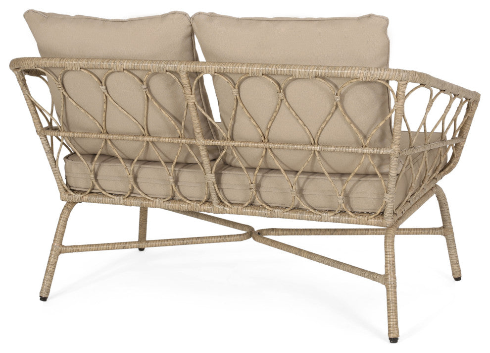 Colmar Outdoor Wicker Loveseat With Cushions, Light Brown and Beige