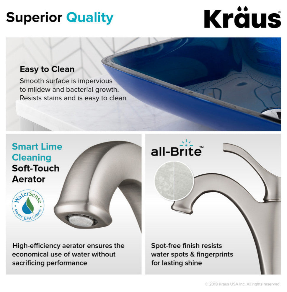 Glass Vessel Sink, Bathroom Arlo Faucet, PU Drain, Mounting Ring, Spot Free Stainless Steel
