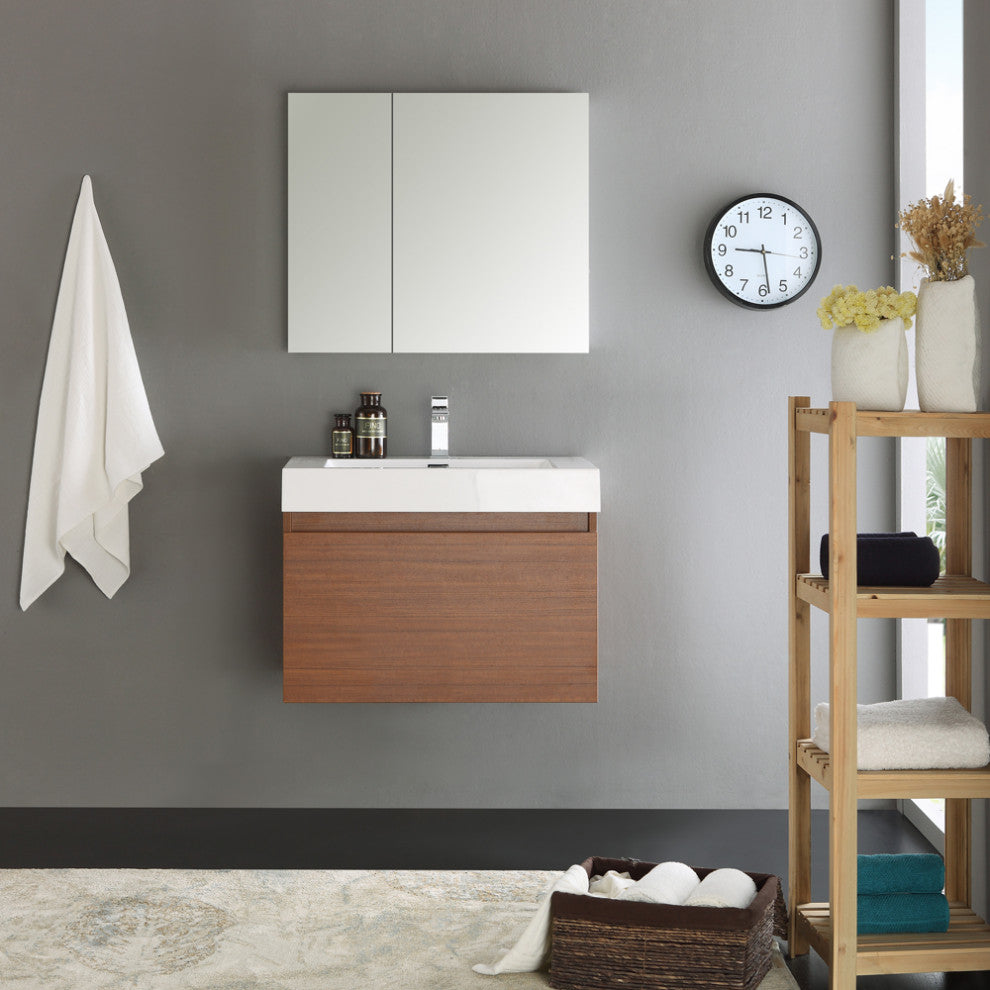 Fresca Mezzo 30" Teak Wall Hung Modern Bathroom Vanity With Medicine Cabinet