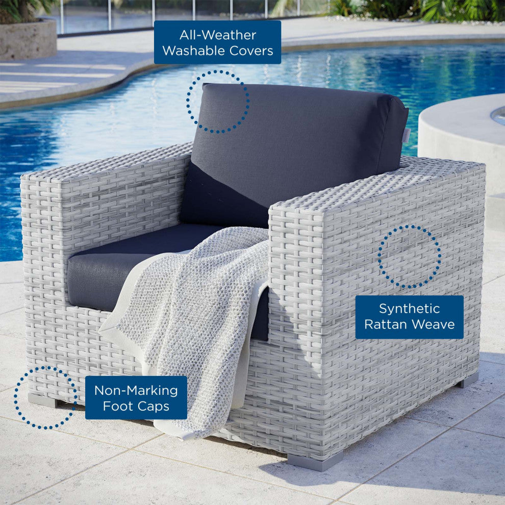 Lounge Chair Armchair, Rattan, Wicker, Gray Blue Navy, Modern, Outdoor