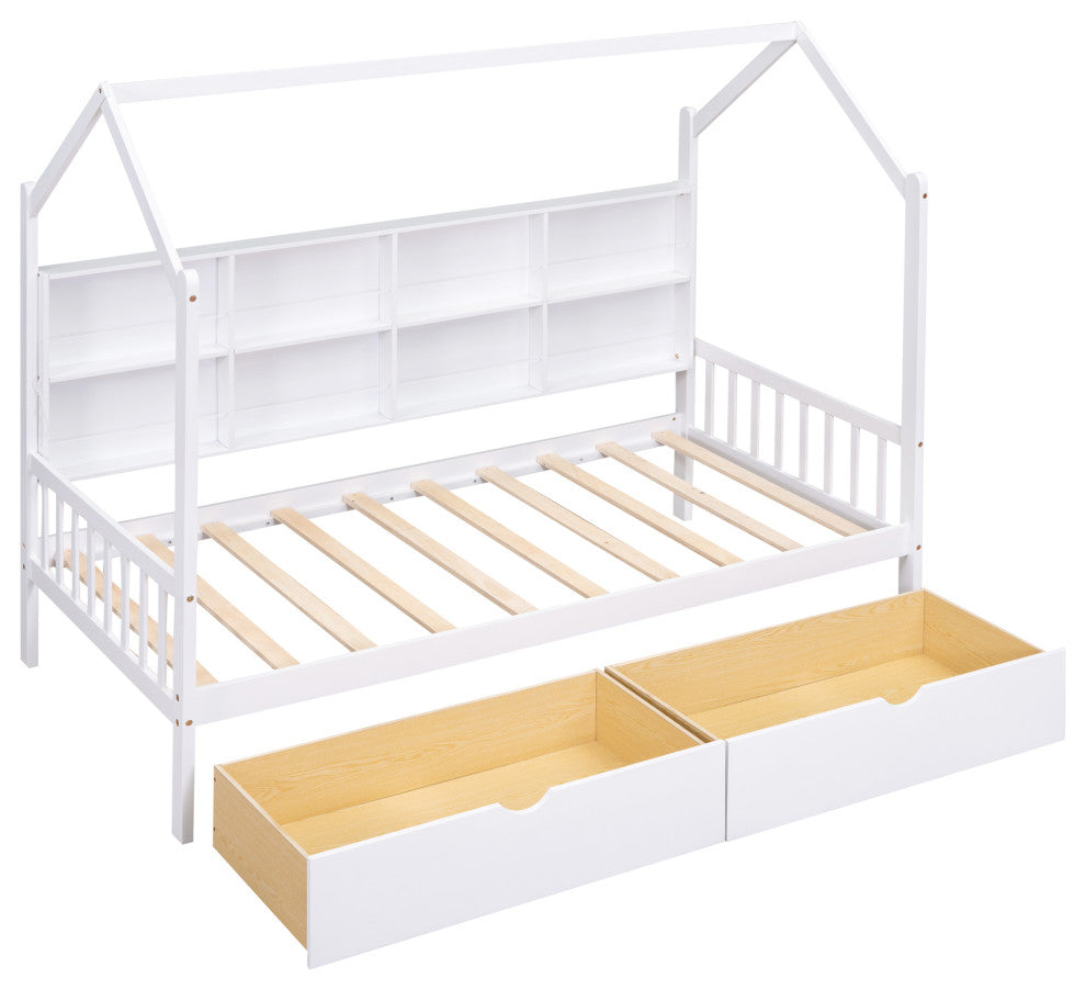 Gewnee Wood Twin Size House Bed with Drawers for Kids in White