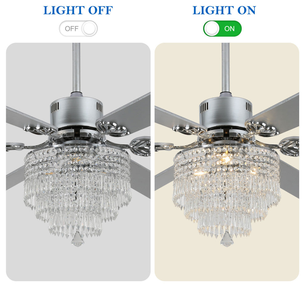 CurveCurio 65" Lagre Ceiling Fan w Crystal Light Shade and Wood Blades, Chrome