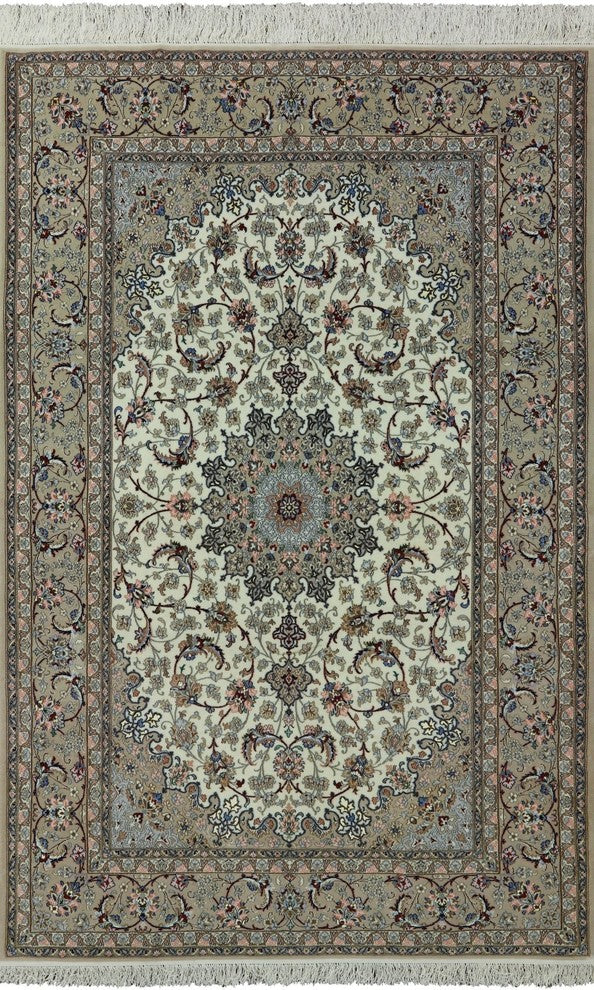 Authentic Persian Isfahan Signed Handmade Wool and Silk Rug, 5'x8'