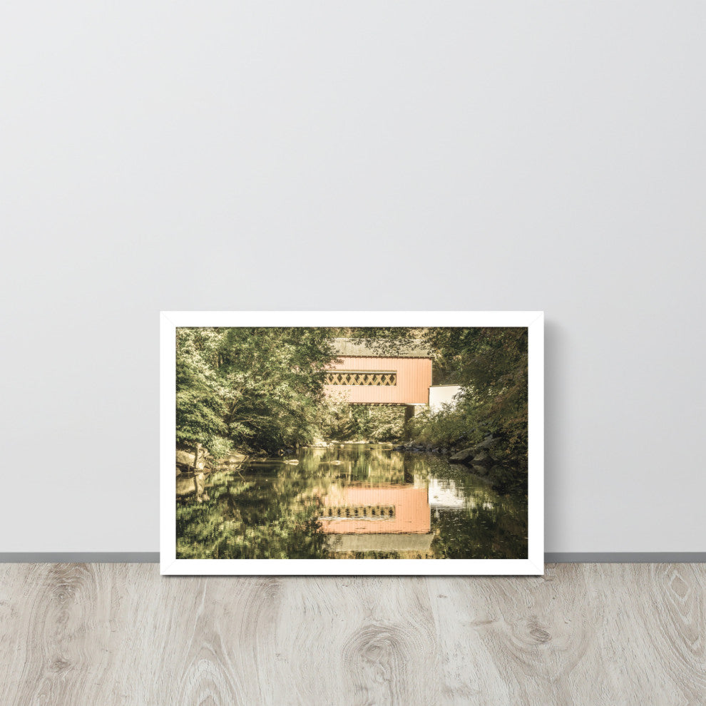 The Reflections of Wooddale Covered Bridge Aged Framed Photo Wall Art Print, White, 12" X 18"