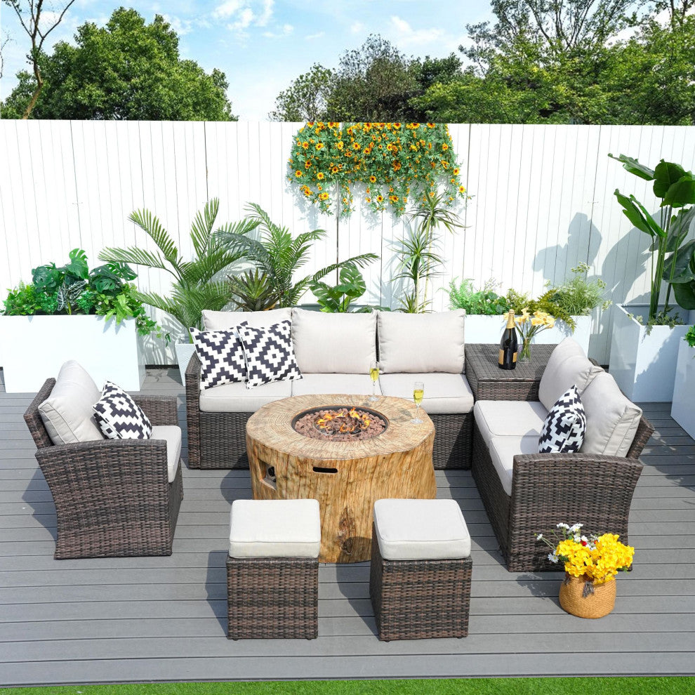 7-piece Patio Wicker Garden Chat Sofa Set with Fire pit and Storage Box, Round