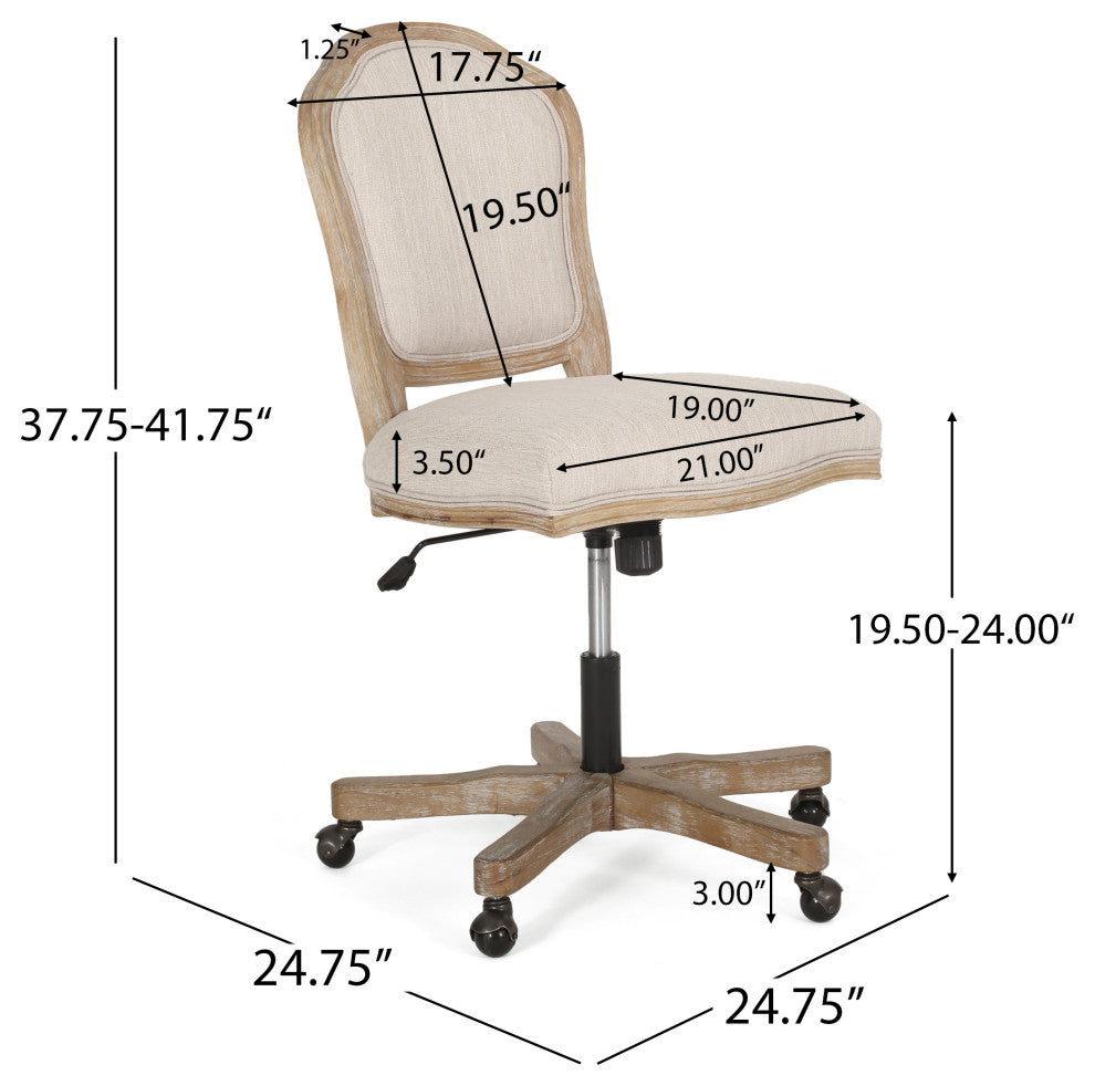 Oakes Upholstered Swivel Office Chair, Beige + Natural, 100% Polyester + Rubber Wood + Iron