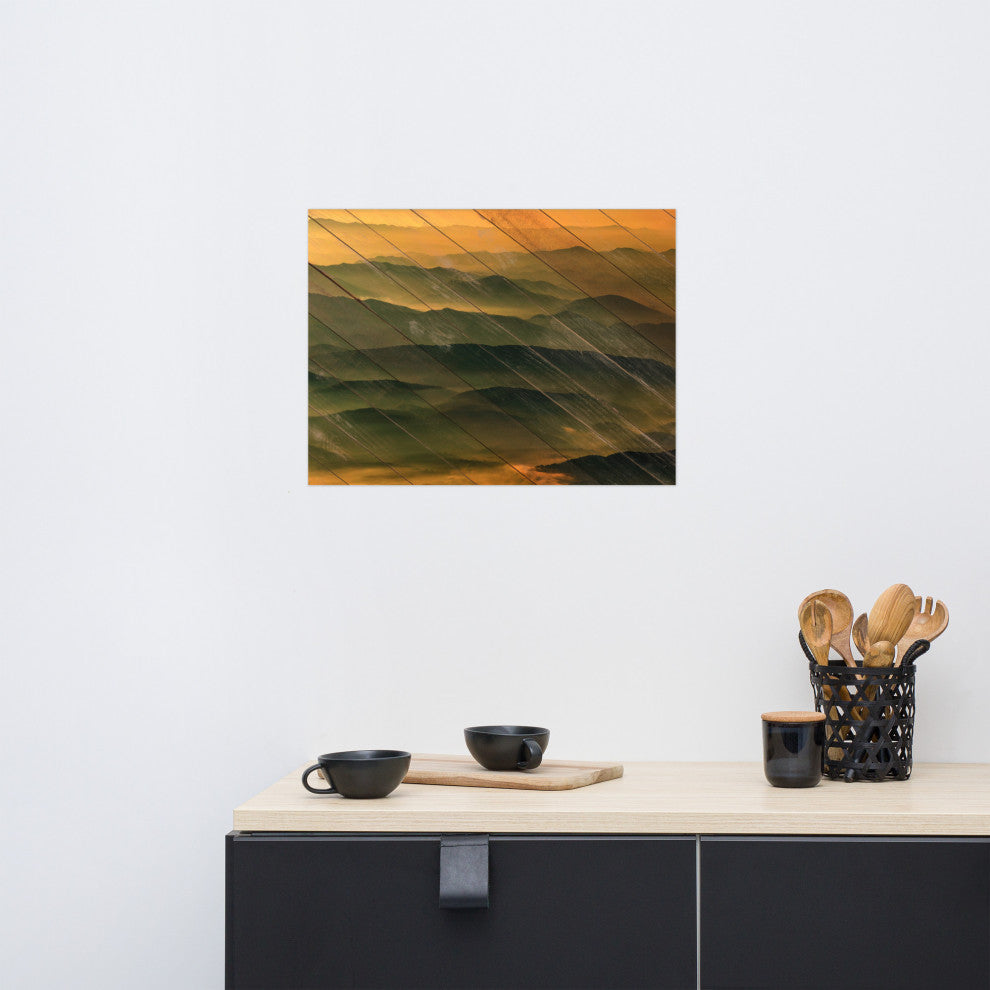 Faux Wood Foggy Mountain Layers at Sunset Landscape Unframed Wall Art Prints, 18" X 24"