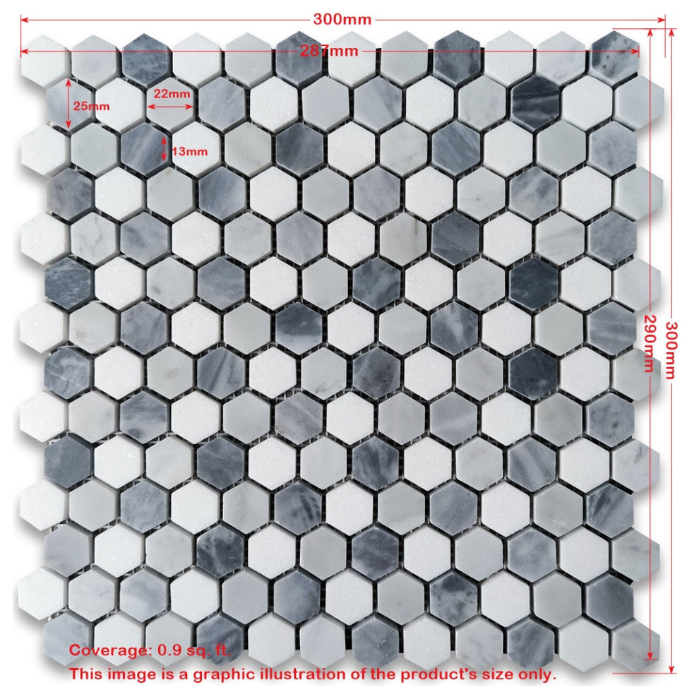 Carrara White Marble Monochrome Hexagon Mosaic Tile Gray White Honed, 1 sheet