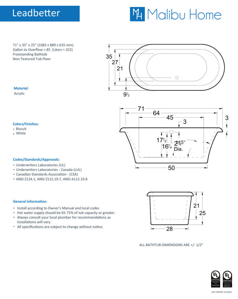 Malibu Leadbetter Oval Soaking Bathtub 71x35x25 Biscuit