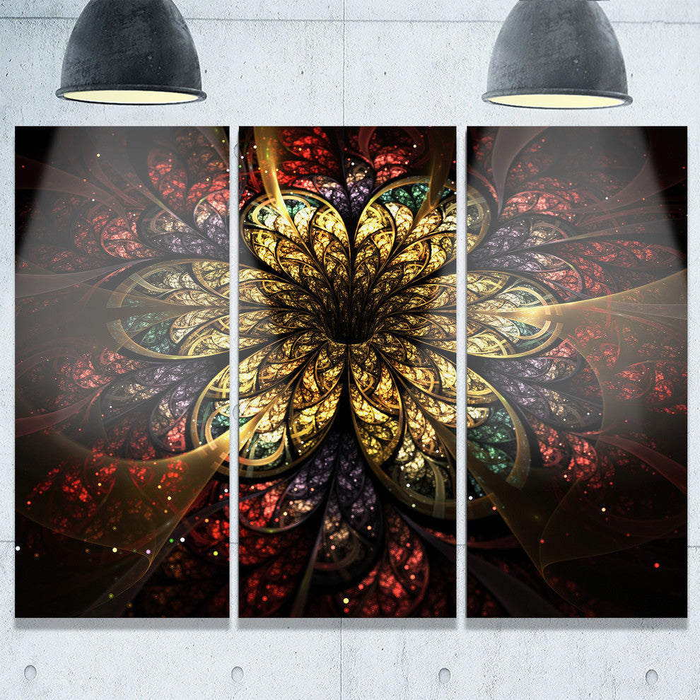 "Fractal Flower Yellow Red Digital Art" Metal Wall Art, 3 Panels, 36"x28"