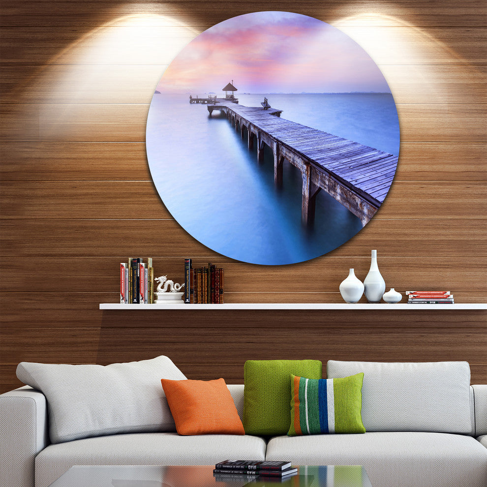 Purple Seas And Long Wooden Pier, Seascape Circle Metal Wall Art, 23"