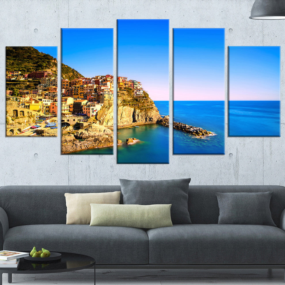 "Manarola Village Seashore Italy" Seashore Wall Art, 5 Panels, 60"x32"