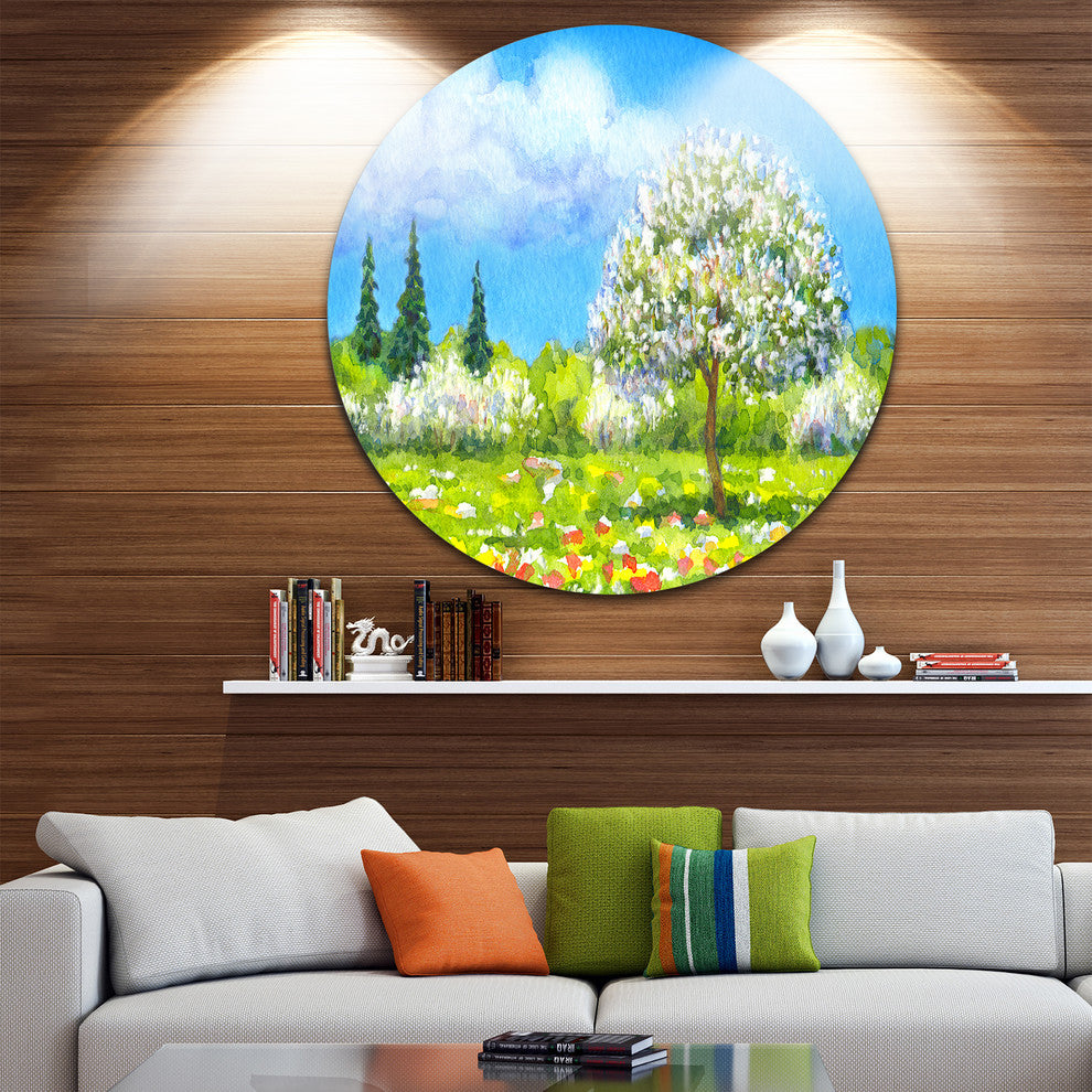 Tree In Different Seasons, Watercolor Landscape Disc Metal Artwork, 23"