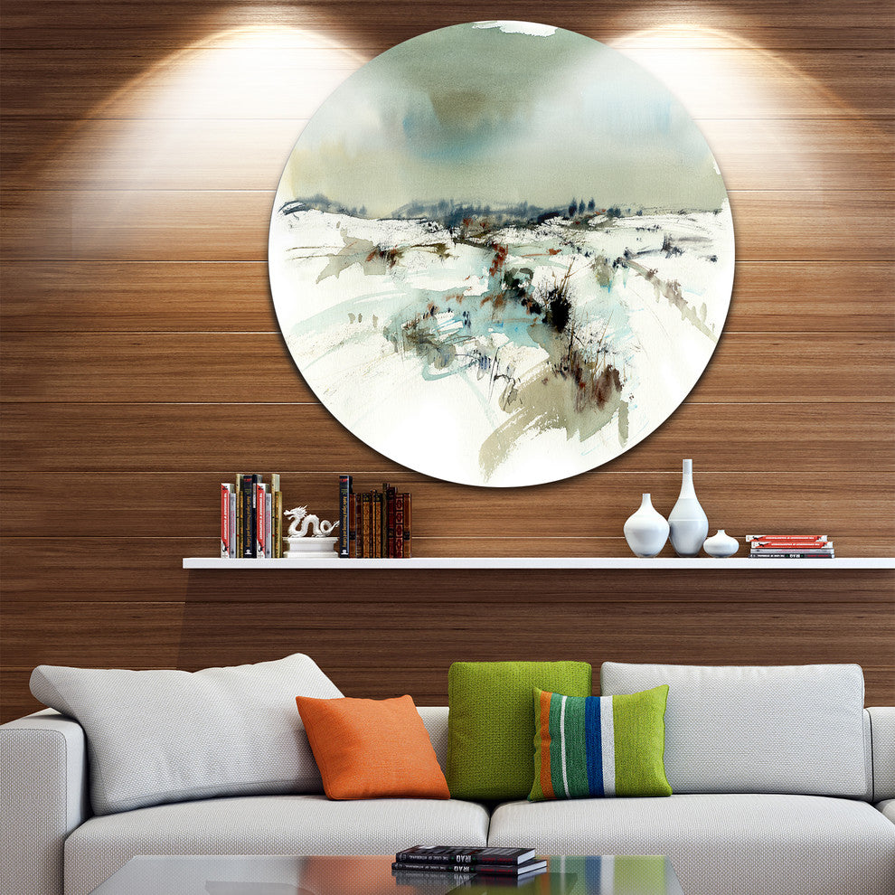 Snowy Landscape Watercolor, Landscape Painting Disc Metal Wall Art, 38"