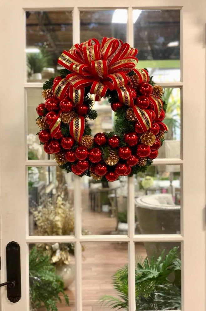26" Evergreen Wreath with Berries, Pinecones, Ornaments and a Bow, Red