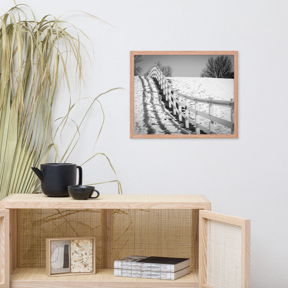 Endless Fences in Black & White Rural Landscape Framed Photo Paper Art Prints, Red Oak, 16" X 20"
