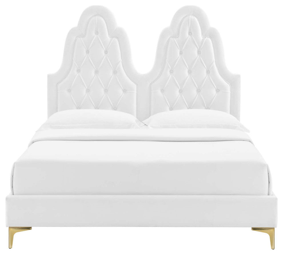 Tufted Platform Bed Frame, King Size, Velvet, White, Modern Contemporary
