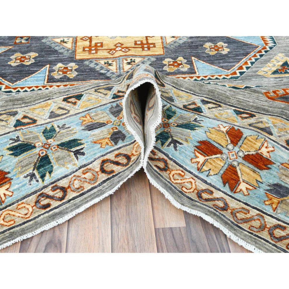 Cadet Gray Armenian Inspired Caucasian Design Wool Hand Knotted Rug 8'3"x9'9"