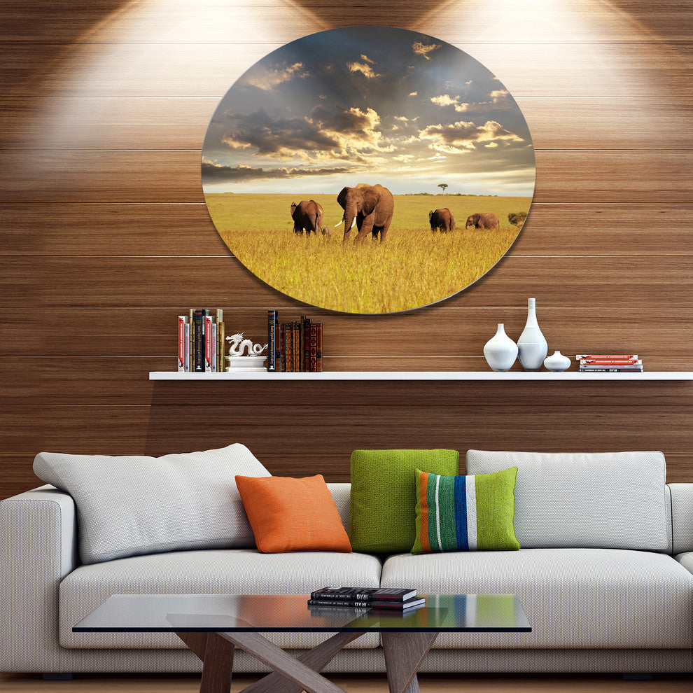 Group Of Elephants In Africa, African Large Disc Metal Wall Art, 36"