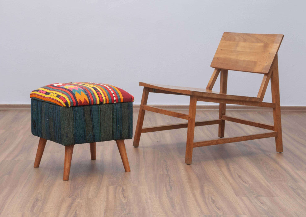 Unique Stool Upholstered with Handwoven Kilim 16"x16"x18"