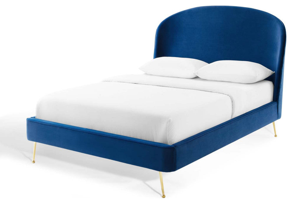 Platform Bed Frame, Queen Size, Velvet, Blue Navy, Modern Contemporary, Bedroom