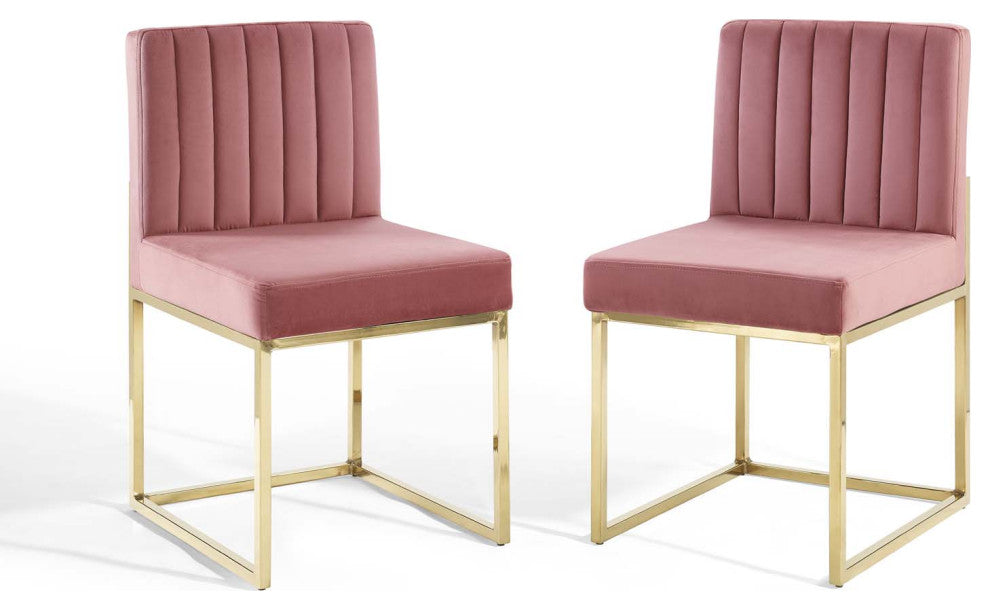 Side Dining Chair, Set of 2, Velvet, Metal, Gold Pink, Modern, Bistro Restaurant