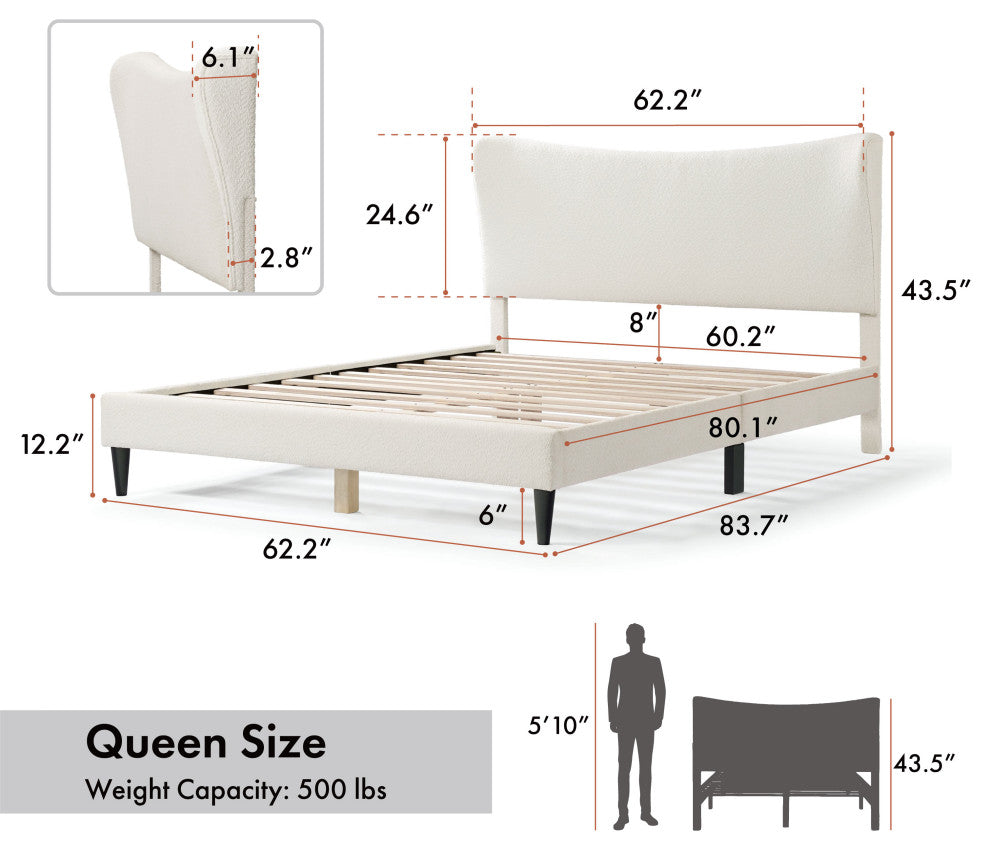 Miles White Boucle Upholstered Wood Frame Platform Bed, Queen, Wingback