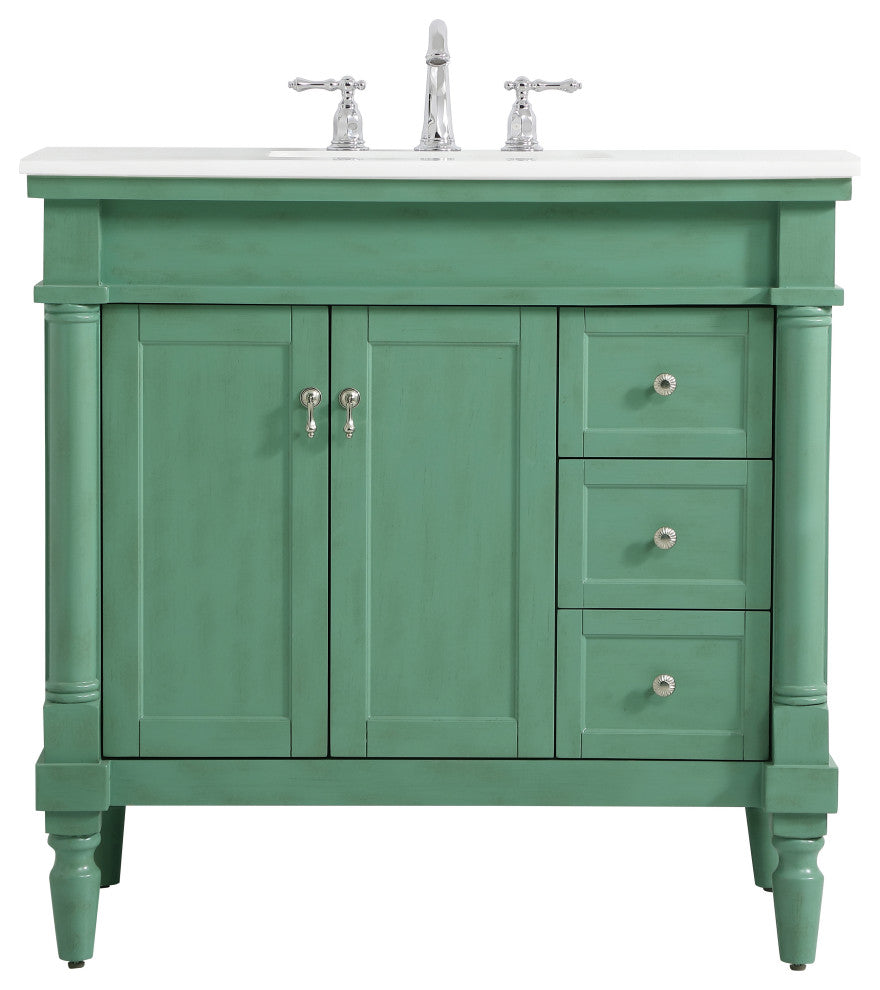 36" Single Bathroom Vanity, Vintage Mint With Ivory White Engineered Marble
