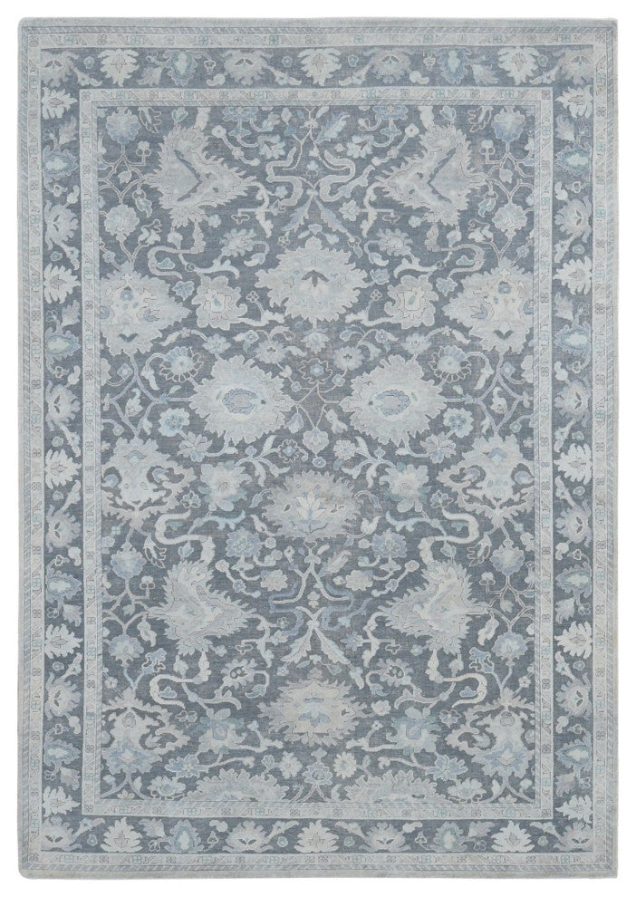 Battleship Gray Hand Knotted Oushak Influence Pure Silk and Wool Rug 6'1"x8'9"