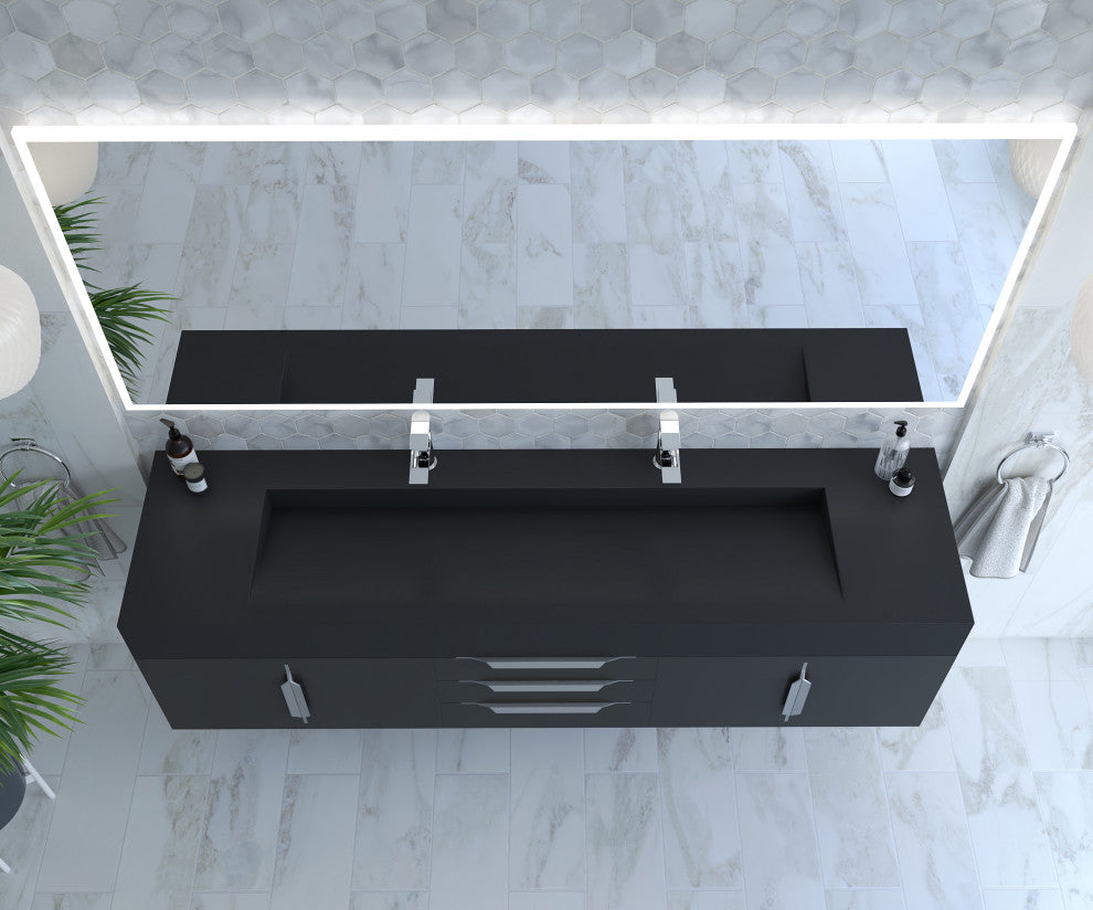 CastelloUSA Nile 72" Wall Mounted Bathroom Vanity Set, Black, Black Top, Chrome Handles