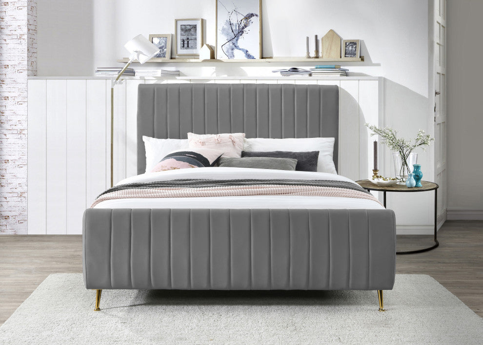 Zara Channel Tufted Velvet Upholstered Bed With Custom Gold Legs, Gray, King