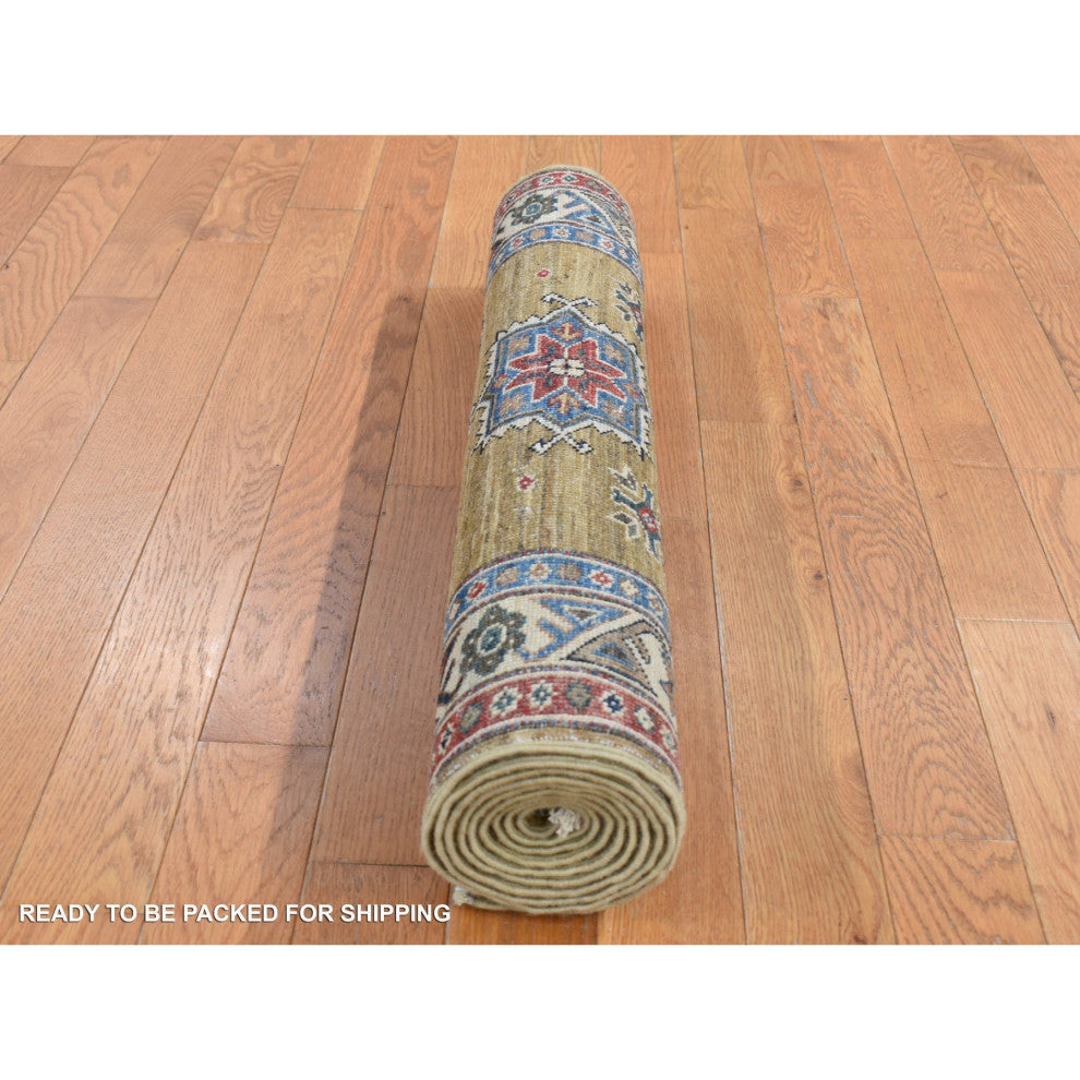 Green Hand Knotted Afghan Super Kazak Geometric Medallion Wool Rug, 2'9"x7'7"