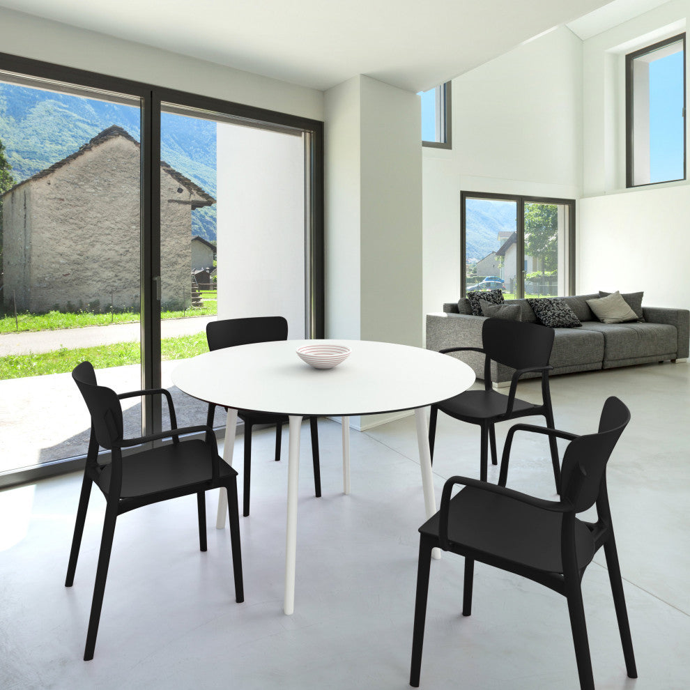 Lisa Round Dining Set With 47" White Table and Black Armcairs