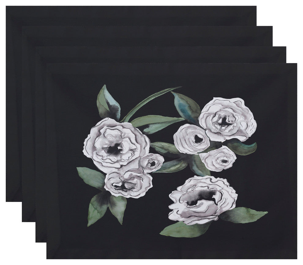 Radiant Rose 18"x14" Black Floral Print Placemat, Set of 4