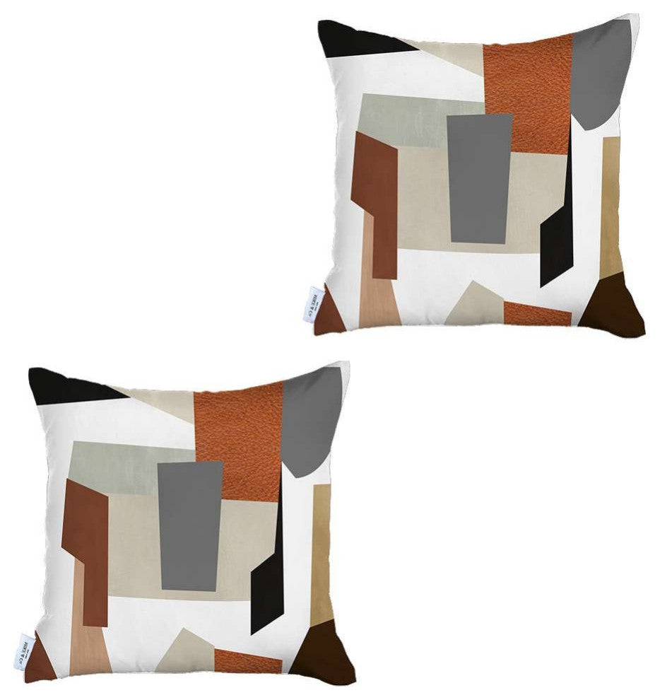 Set of 2 Ivory and Orange Geometric Pillow Covers