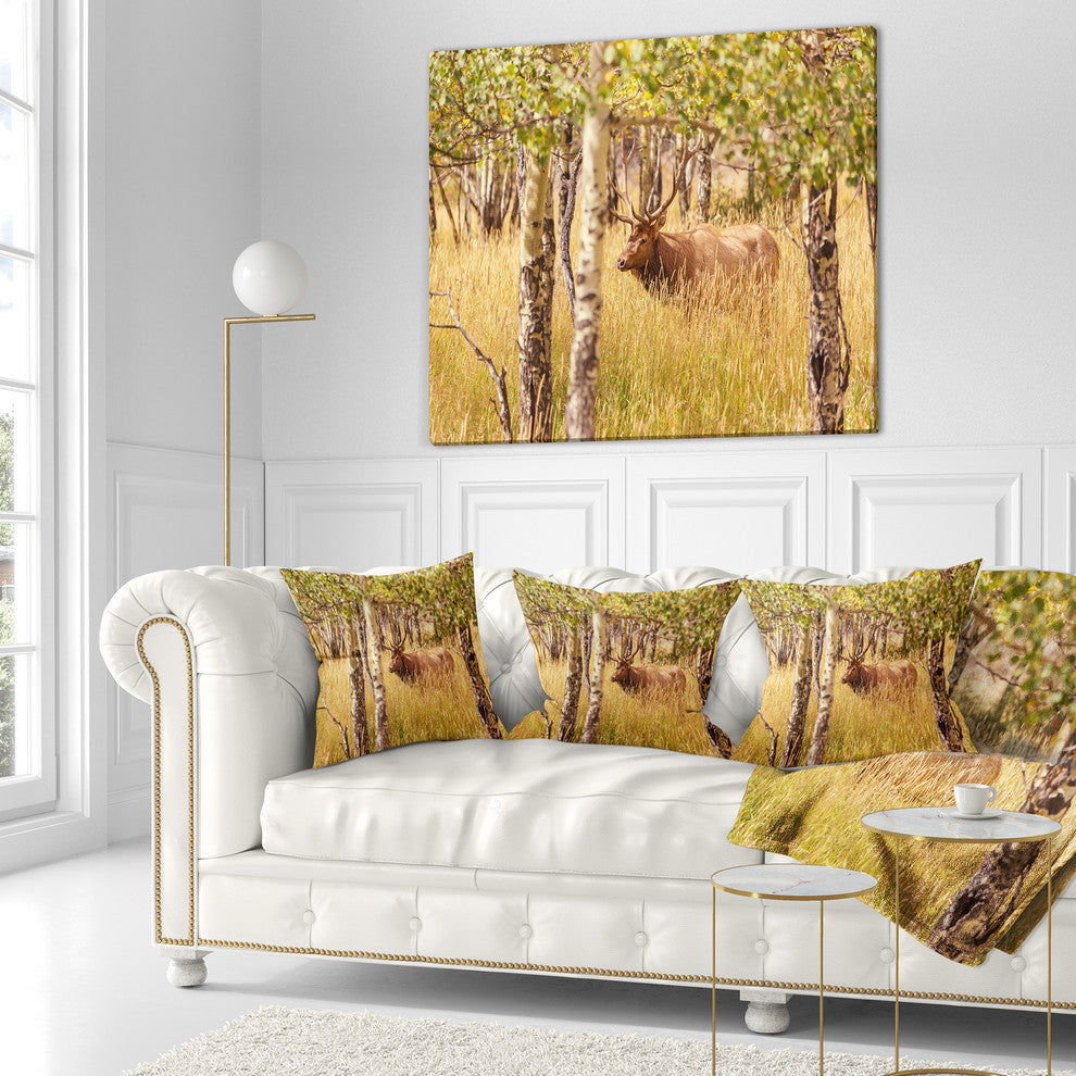 Deer in Thick Forest Grassland Landscape Printed Throw Pillow, 18"x18"