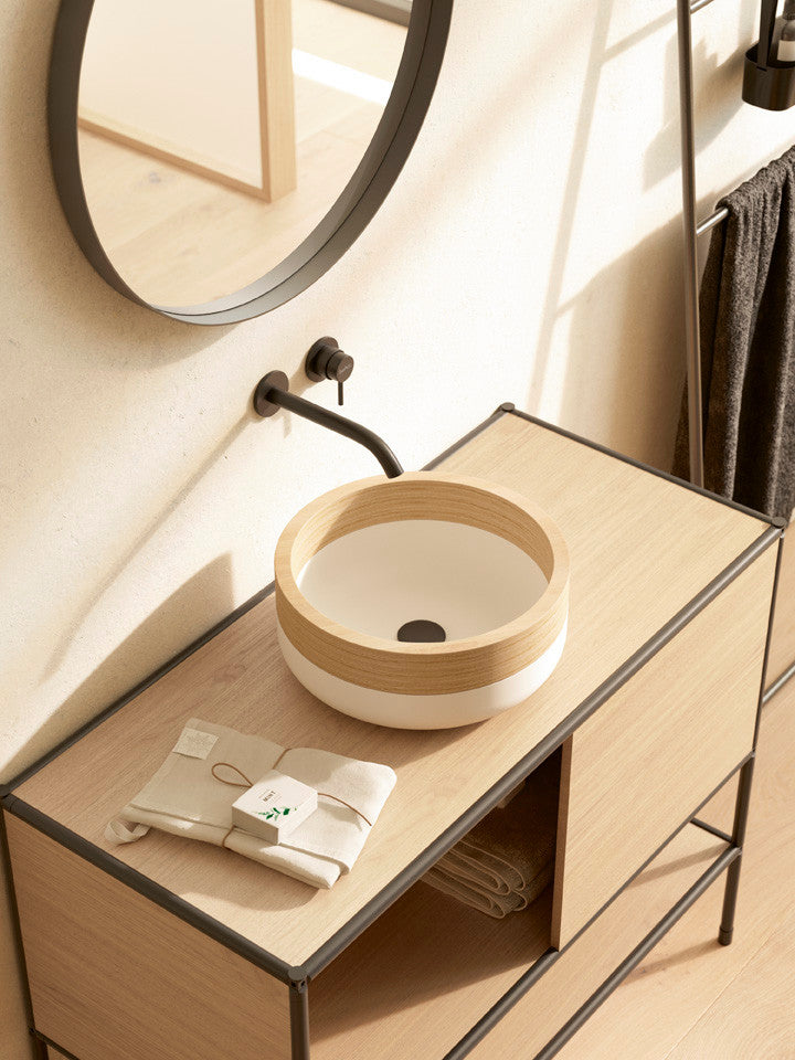 Lucca Solid Surface bathroom vessel sink. Natural wood, White-Natural Birch
