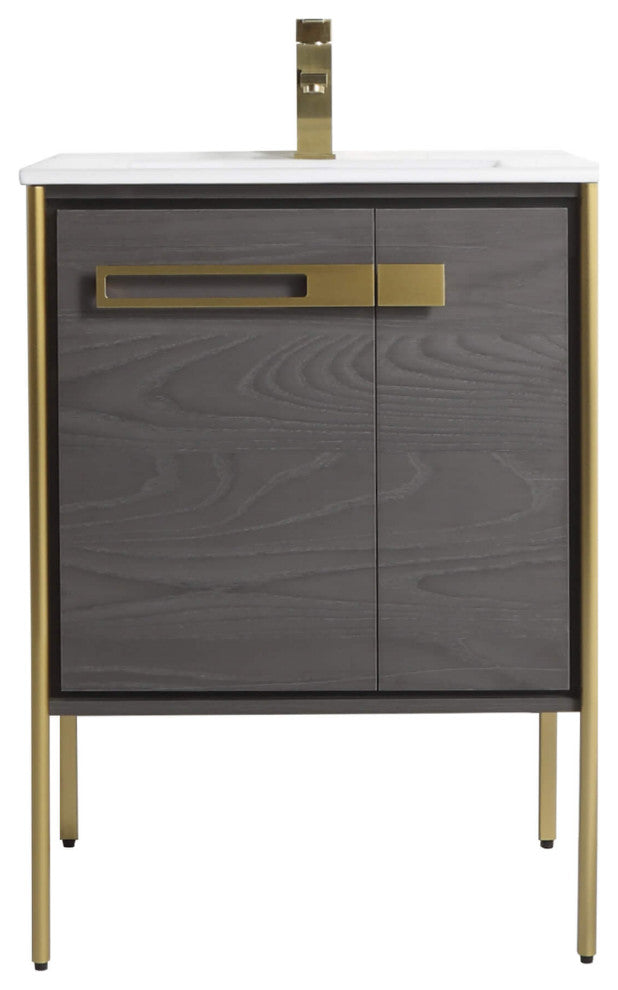 Oakville Bath Vanity, Ceramic Sink, Black Coal Oak, 24 Inch, Satin Brass Hardwar