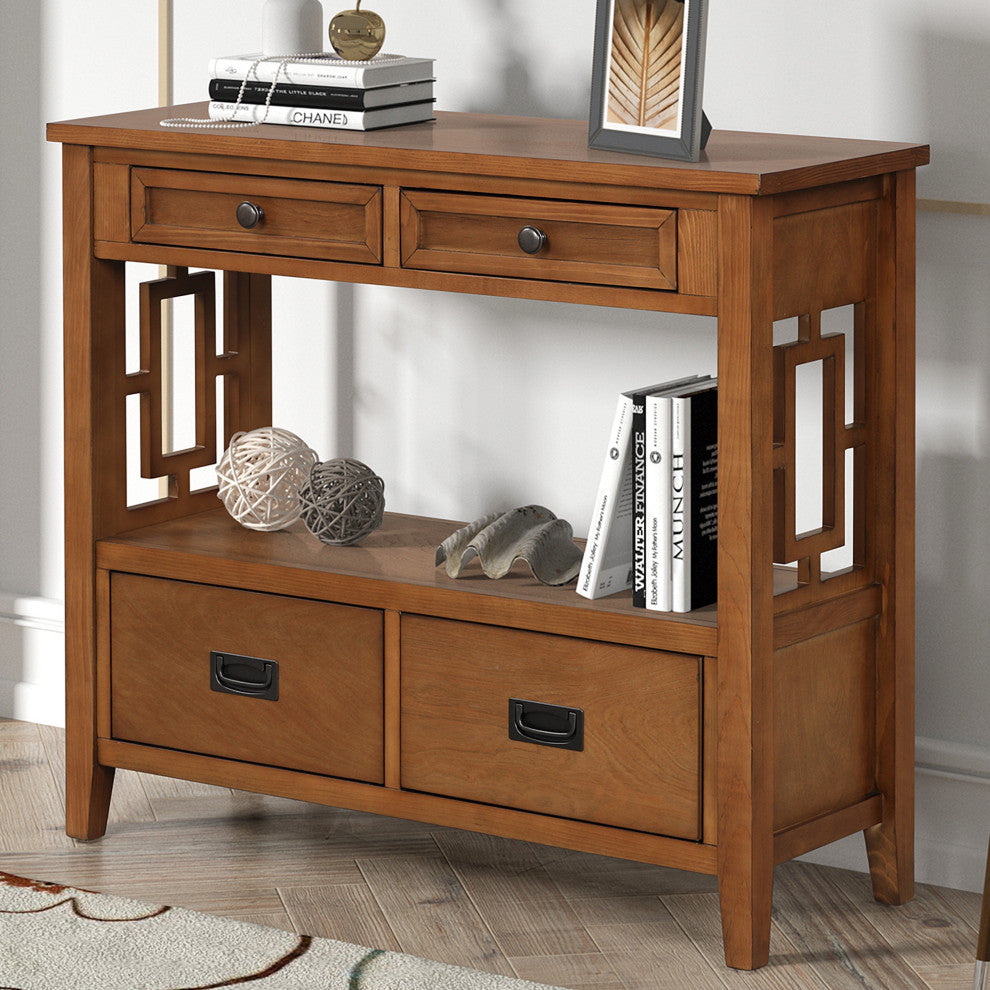 TATEUS  36" Farmhouse Pine Wood Console Table Entry Sofa Table with Drawers, Brown