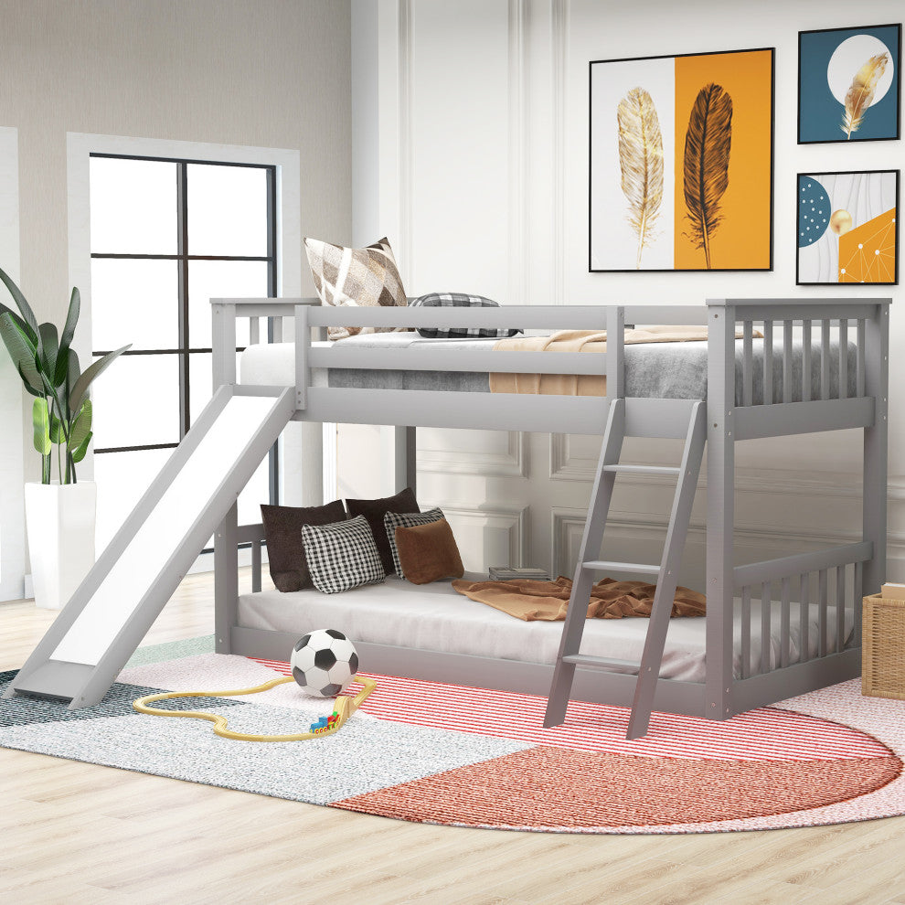 Gewnee Wood Twin Over Twin Bunk Bed with Slide and Ladder in Gray